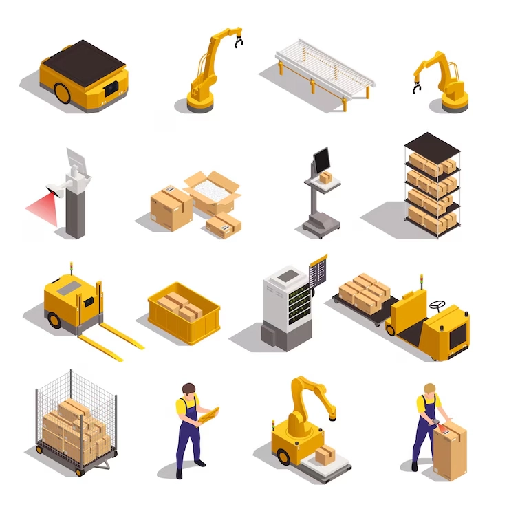 modern-warehouse-automated-system-elements-isometric-set-with-robotic-arm-conveyor-storage-tracking-software-isolated-vector-illustration